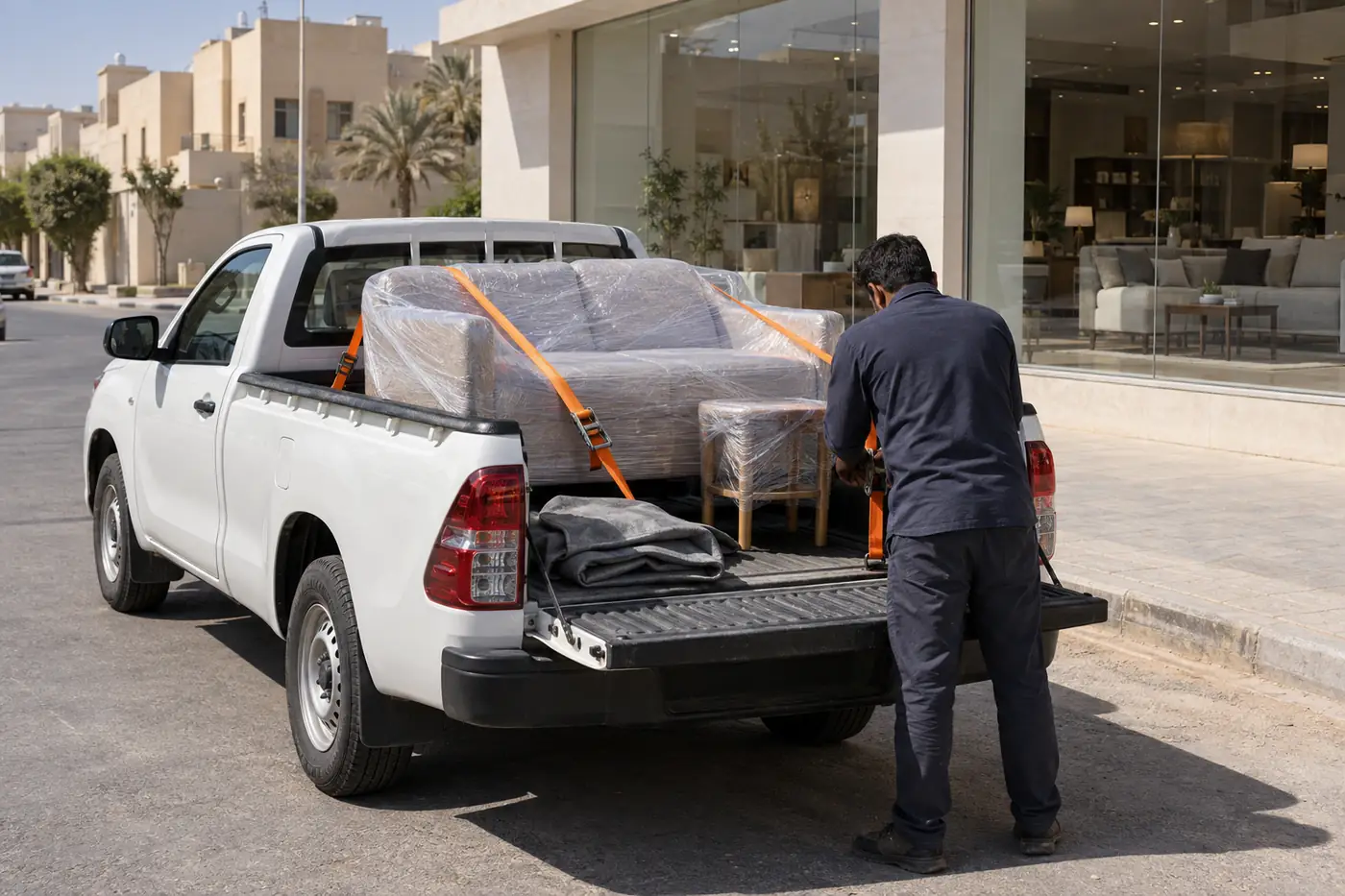 ونيت نقل عفش يحمل كنبة ملفوفة بالاسترتش ومربوطة بالأحزمة أمام معرض أثاث