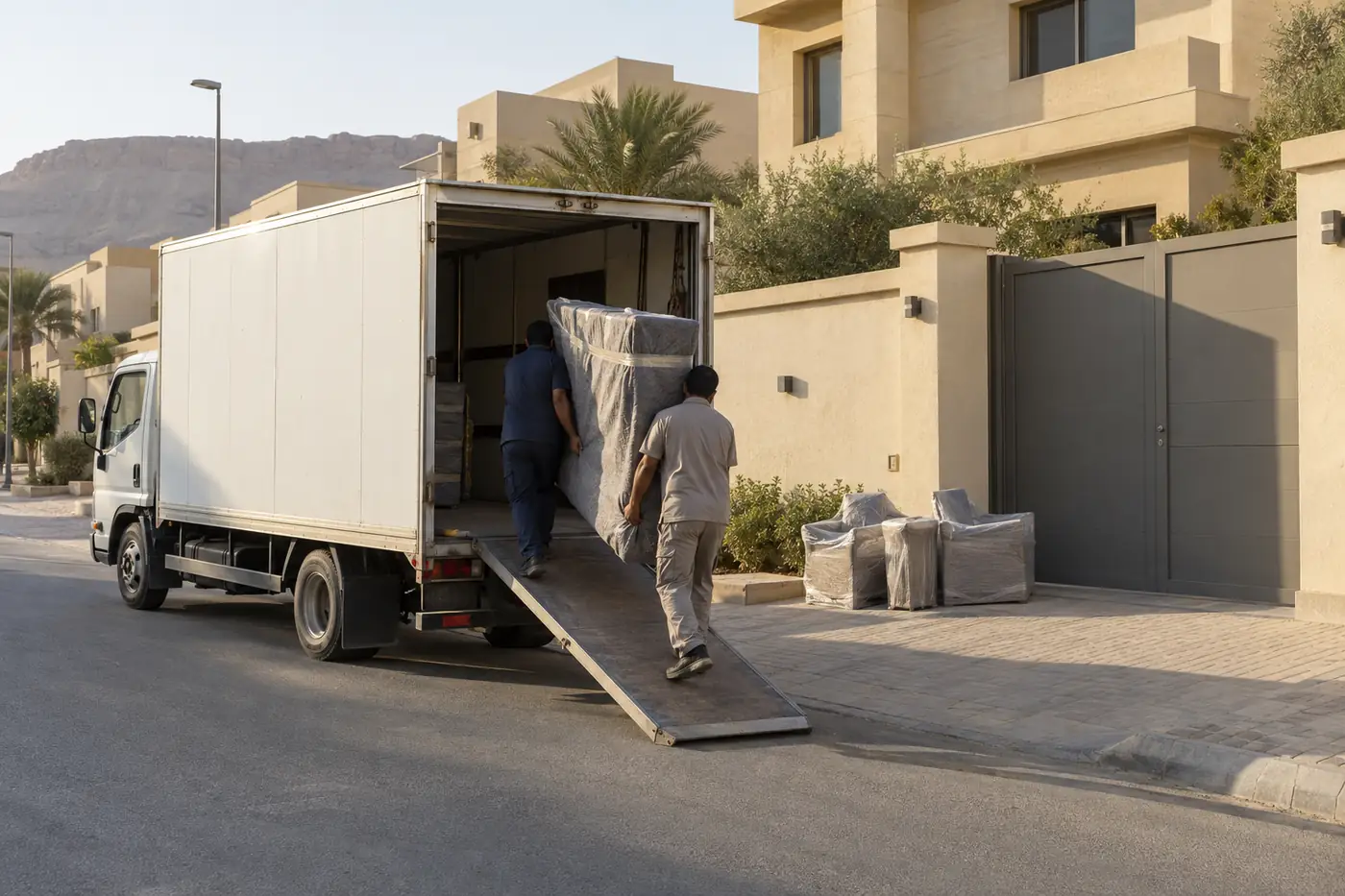 دينا نقل عفش غرب الرياض أمام فيلا والعمال يحملون لوح دولاب ملفوف ببطانية